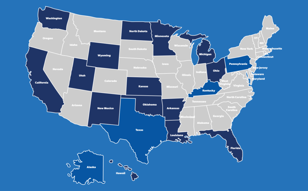 A map of the US with 21 states touched by blue highlights, including California, Texas, New York, Michigan, and more.